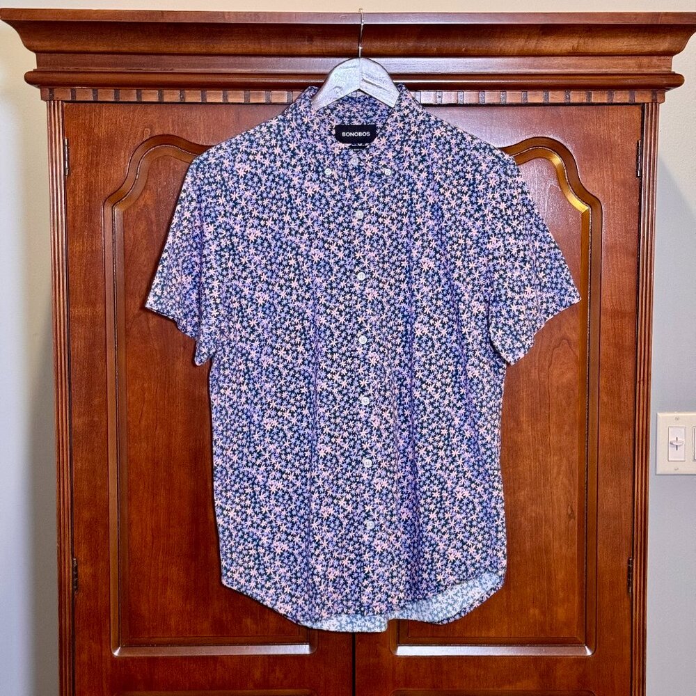 Bonobos Men’s Navy Floral Short Sleeve Cotton Button-Down Shirt Standard Fit M